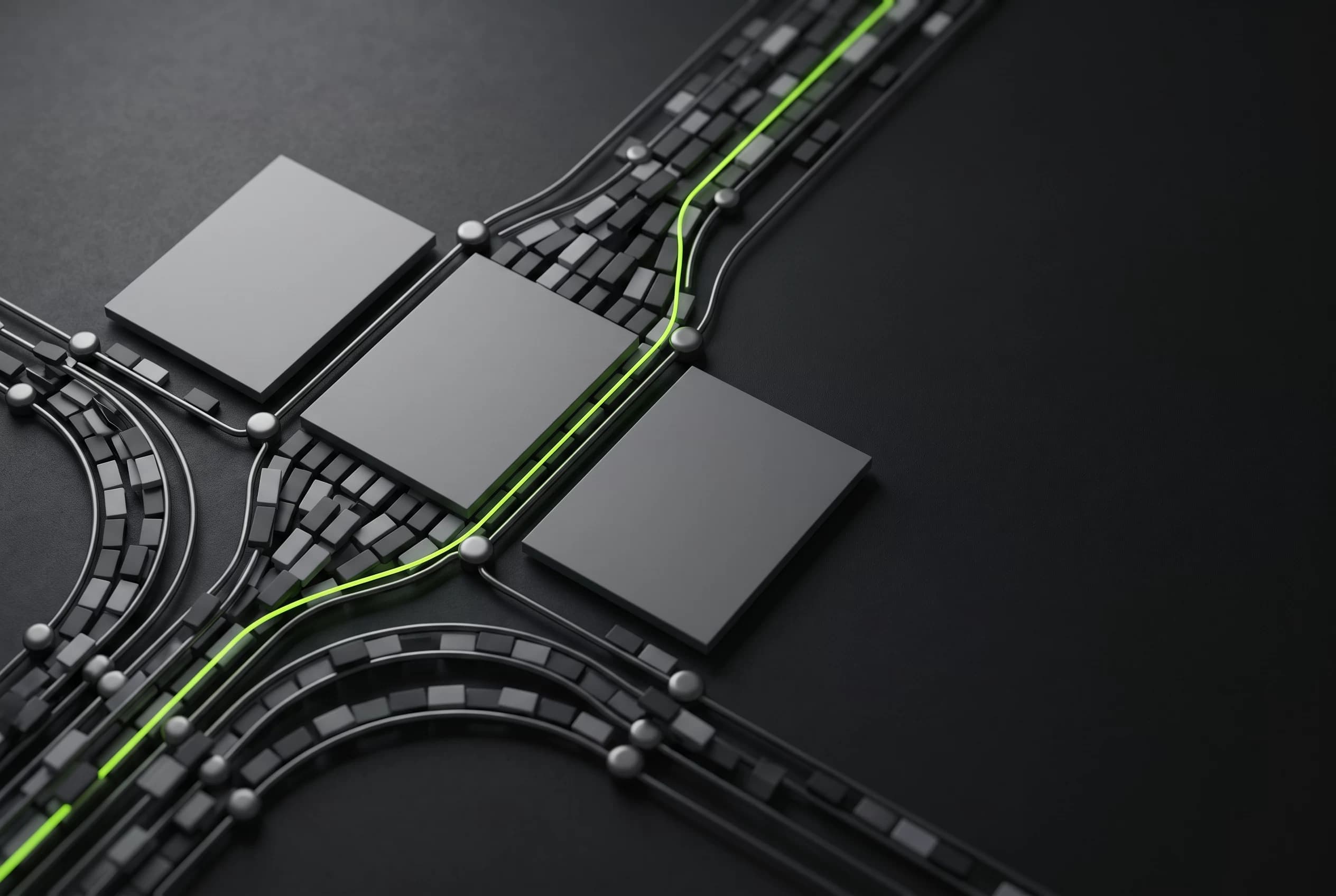 3D illustration of three report panels assembling from streams of tiles, representing automated client reporting for marketing agencies
