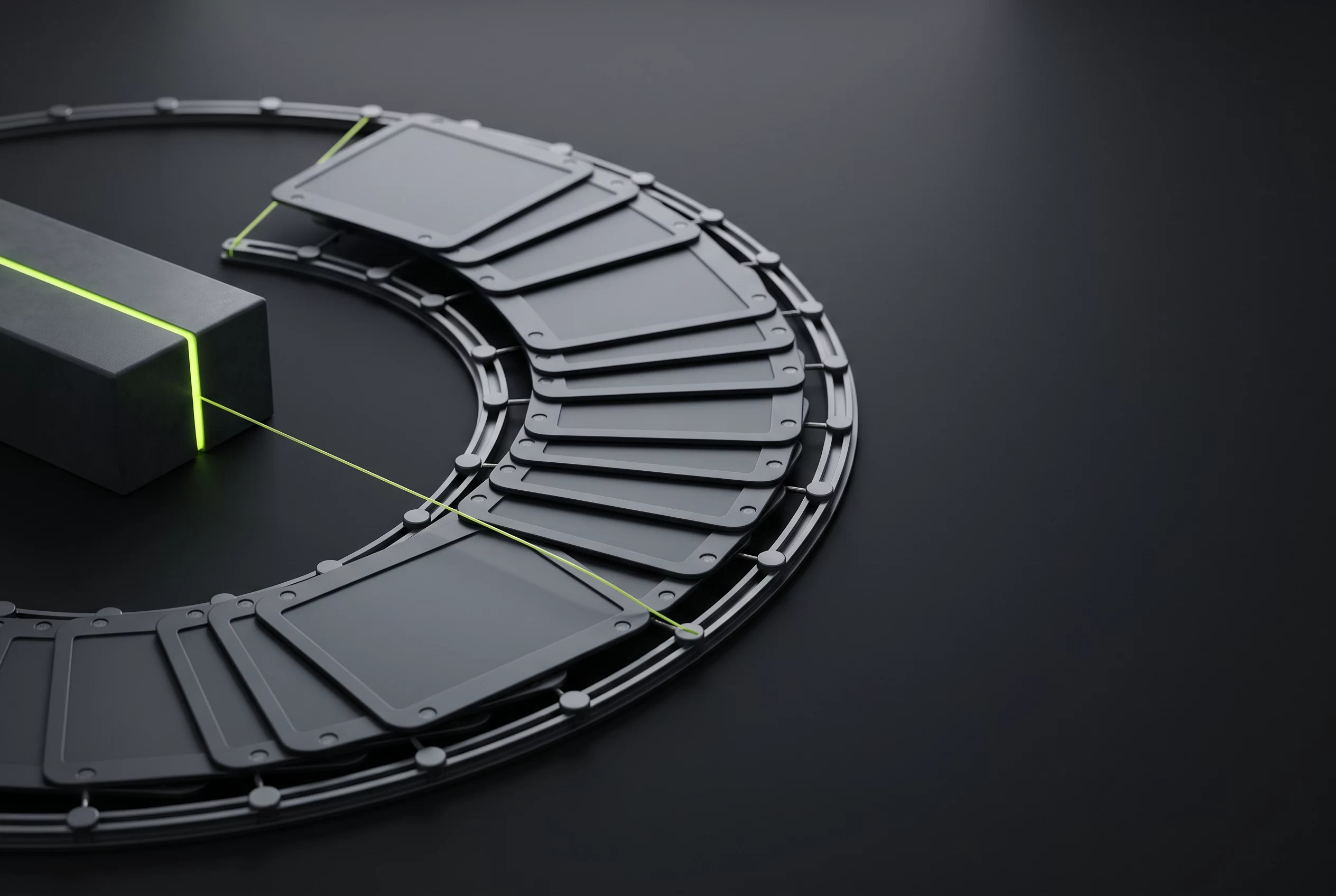 3D illustration of blank panels circling a ring conveyor from a single source block, representing on-brand video and creative produced at volume