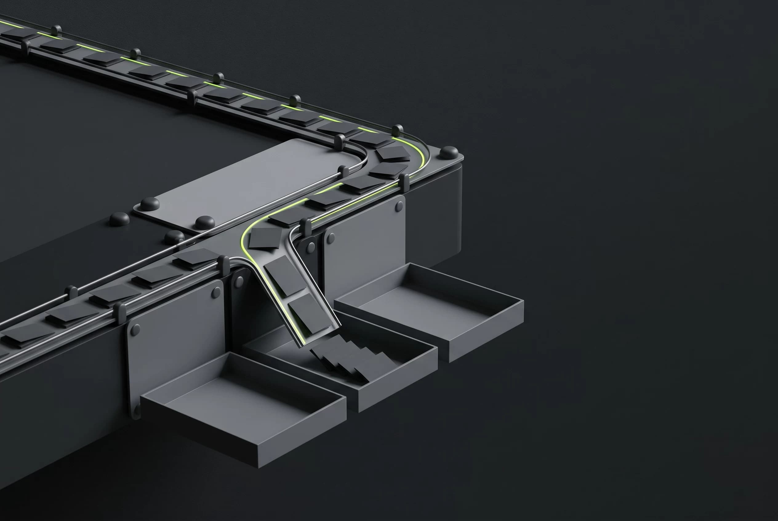 3D illustration of enquiry cards travelling along a rail into sorted trays, representing automated lead handling and admin workflows