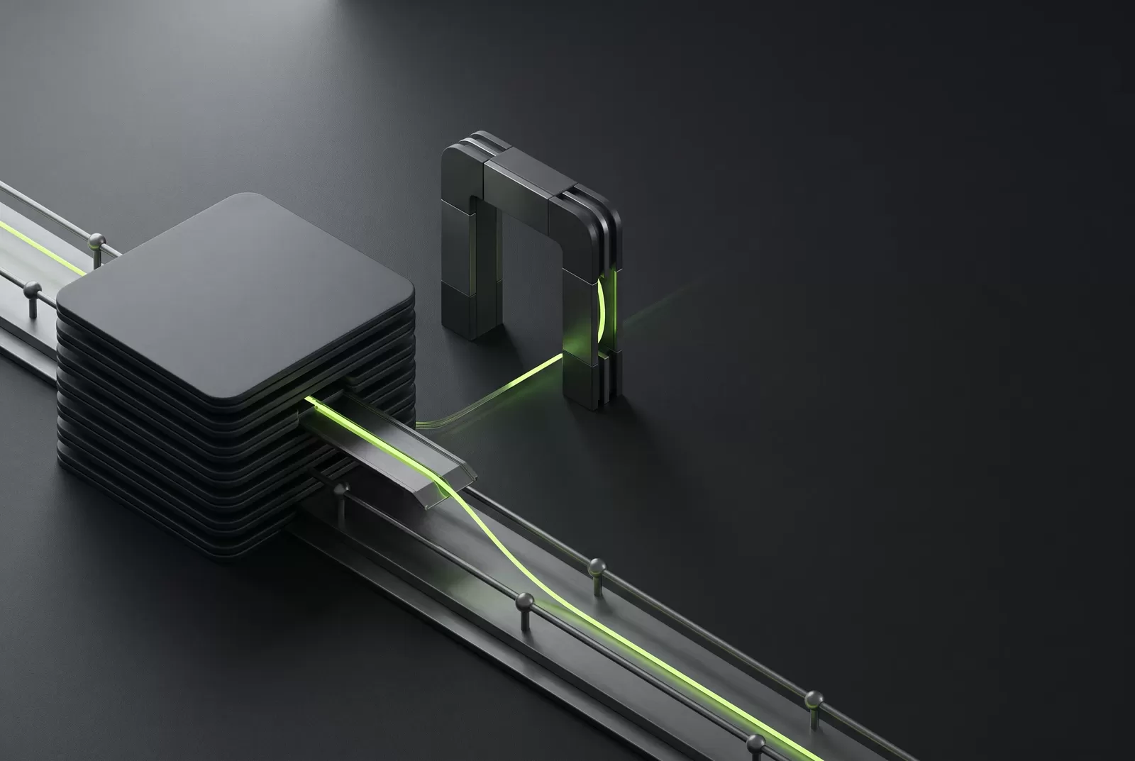 3D illustration of a document stack passing through a checkpoint gate on a rail, representing automated legal intake and compliance checks
