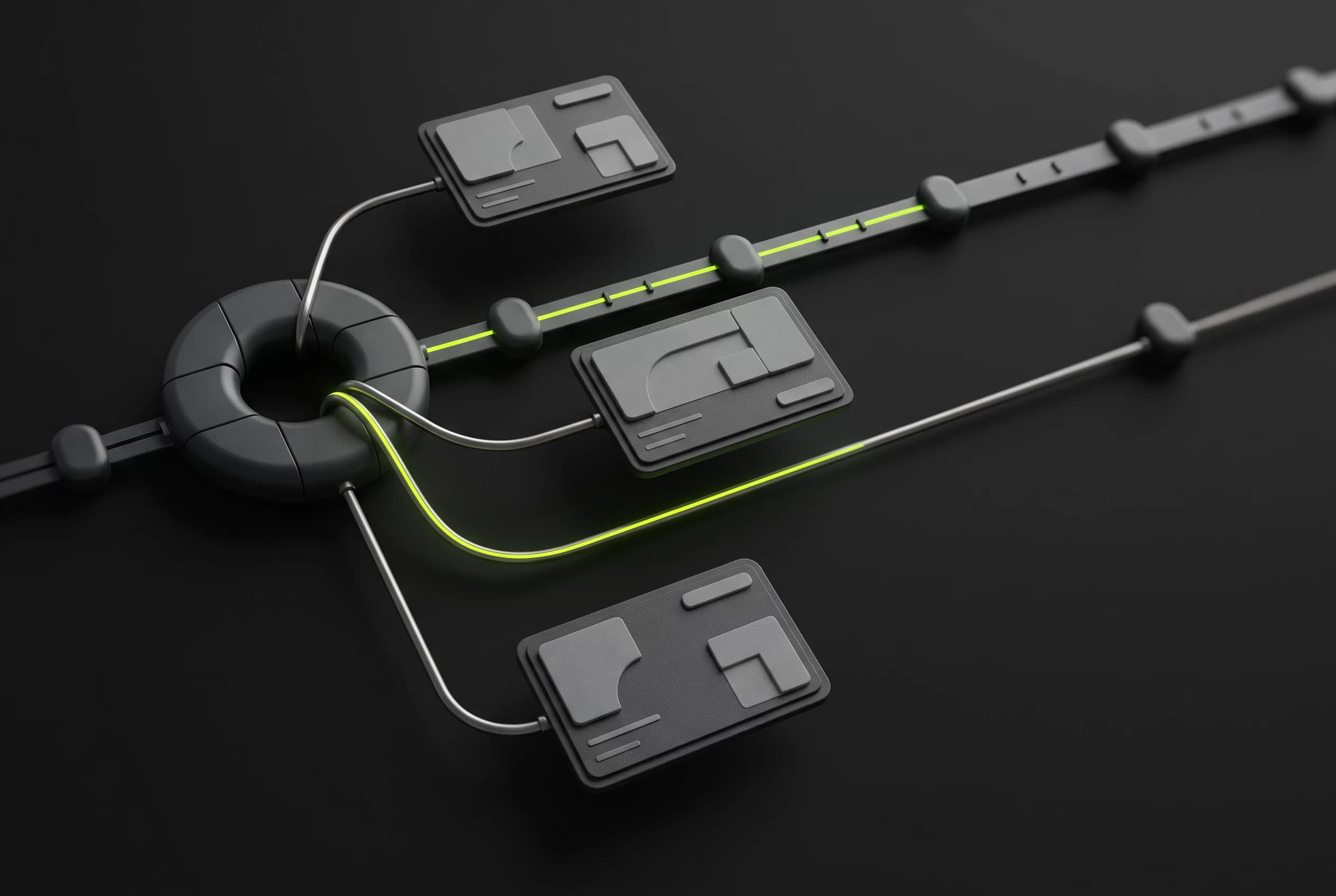 3D illustration of a key-ring hub linking property cards to a calendar rail, representing automated lettings enquiries and viewing bookings