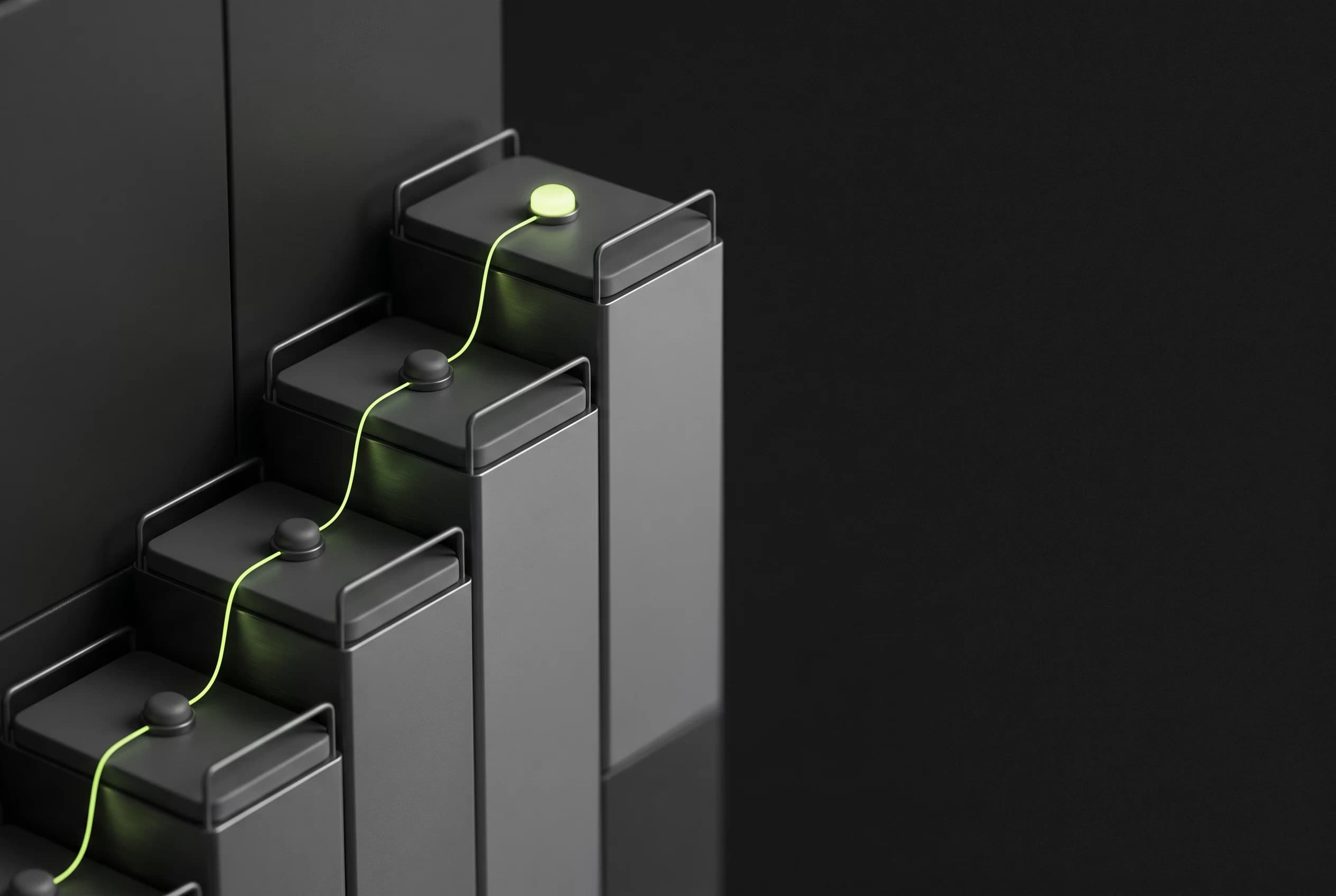 3D illustration of ascending steps with the topmost node lit, representing a team progressing through practical AI training