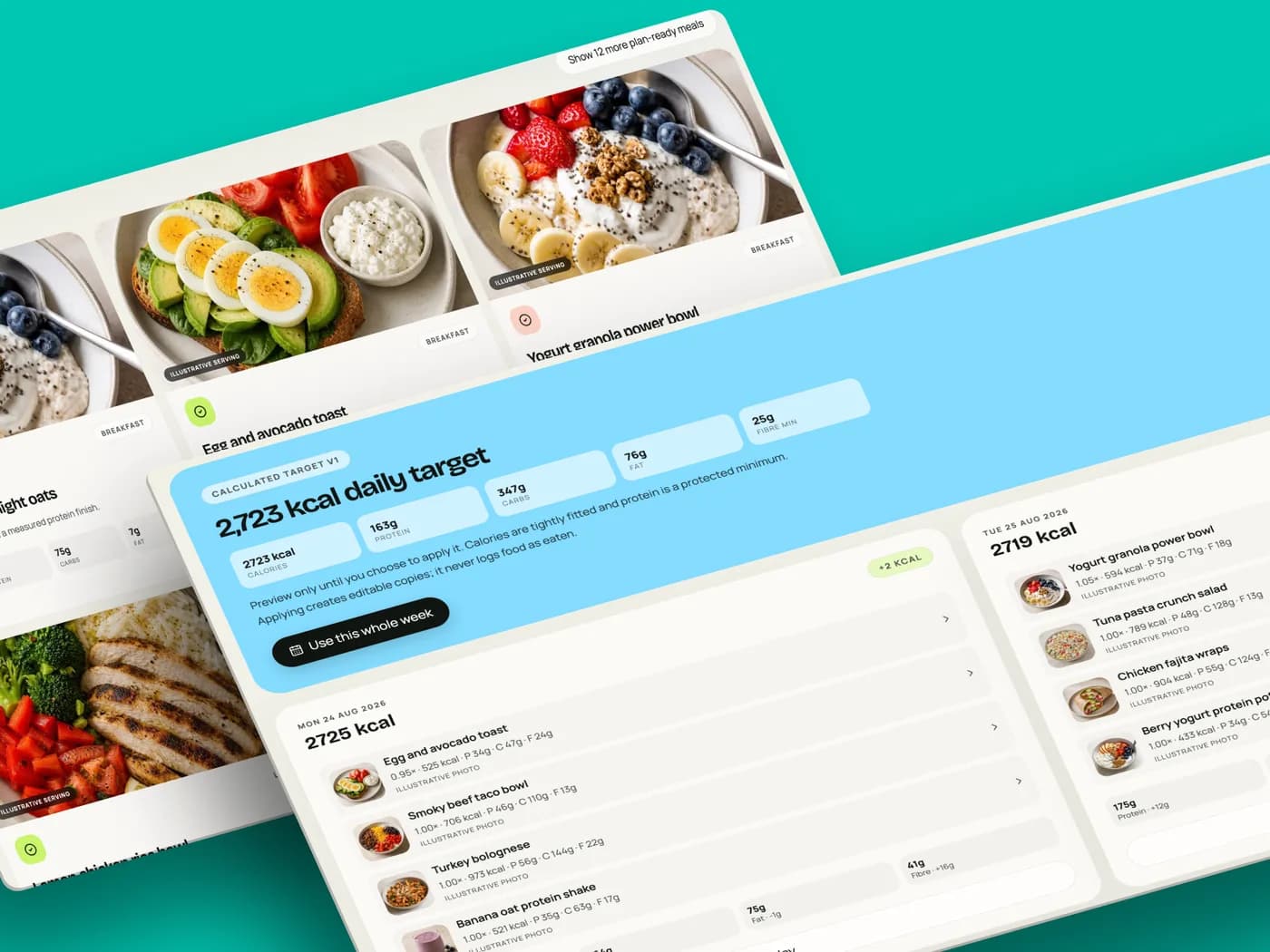 The health operating system showing a calculated daily calorie target, a week of planned meals with per-meal macro breakdowns, and a library of plan-ready recipes