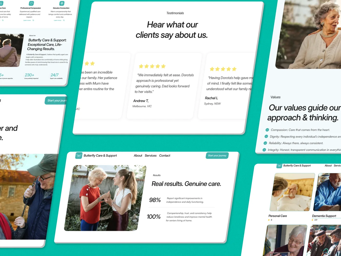 Testimonials, results and service pages from the site, showing client reviews from Melbourne and Sydney alongside the six care services
