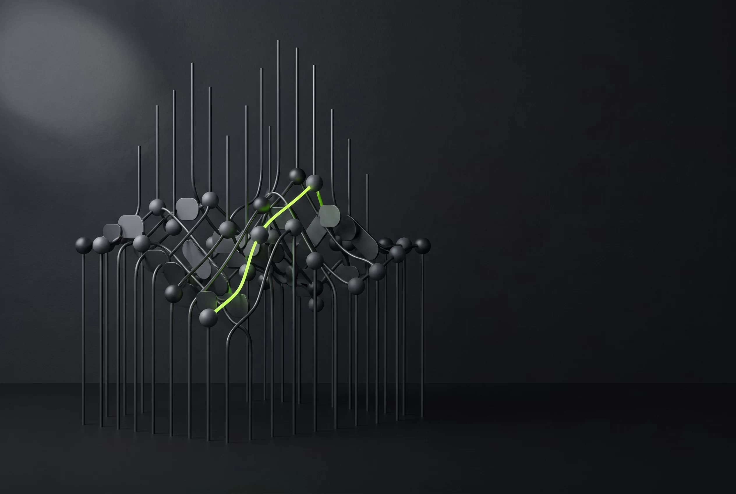3D illustration of a sound waveform merging into a lattice of connected nodes, representing voice agents and AI systems working together