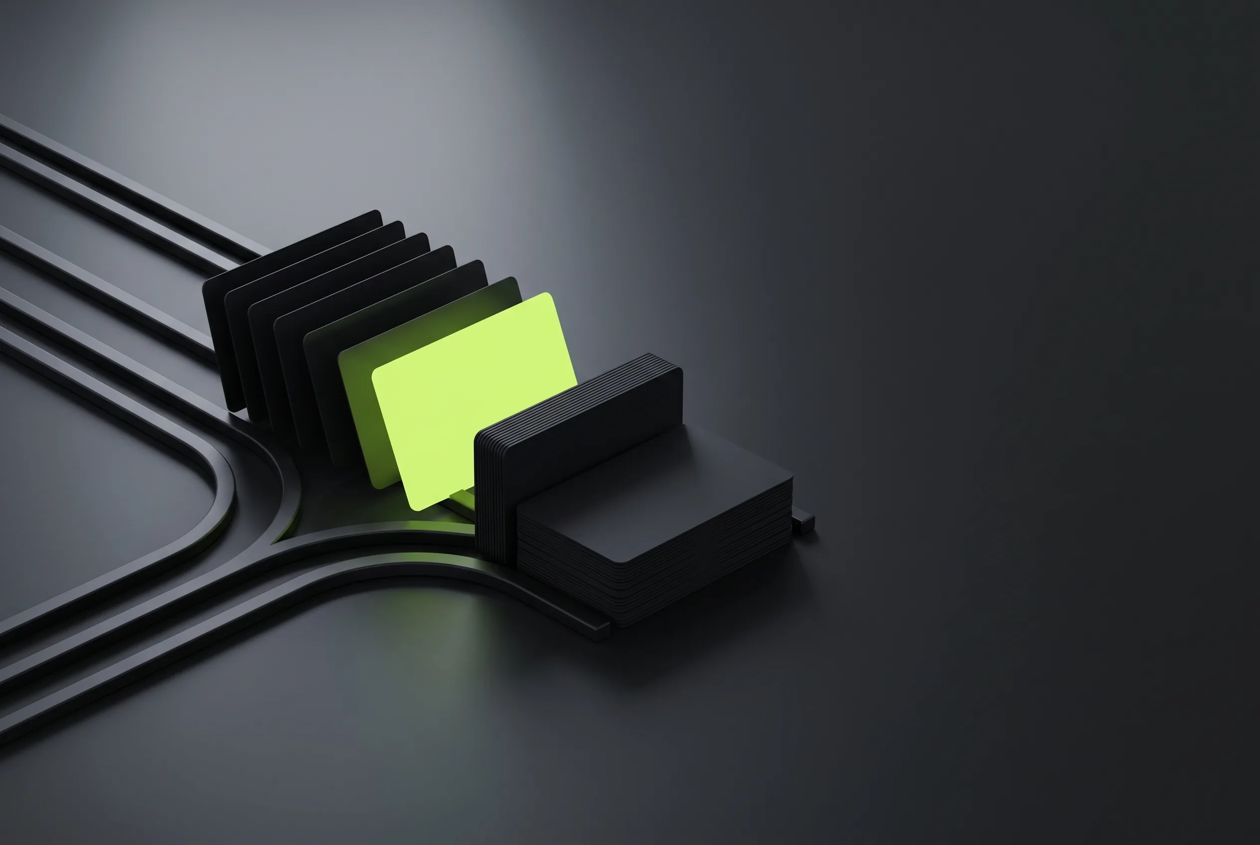 3D illustration of black cards fanned along curved rails with one card lifted forward and lit, representing the right candidate surfaced from a pipeline of applications