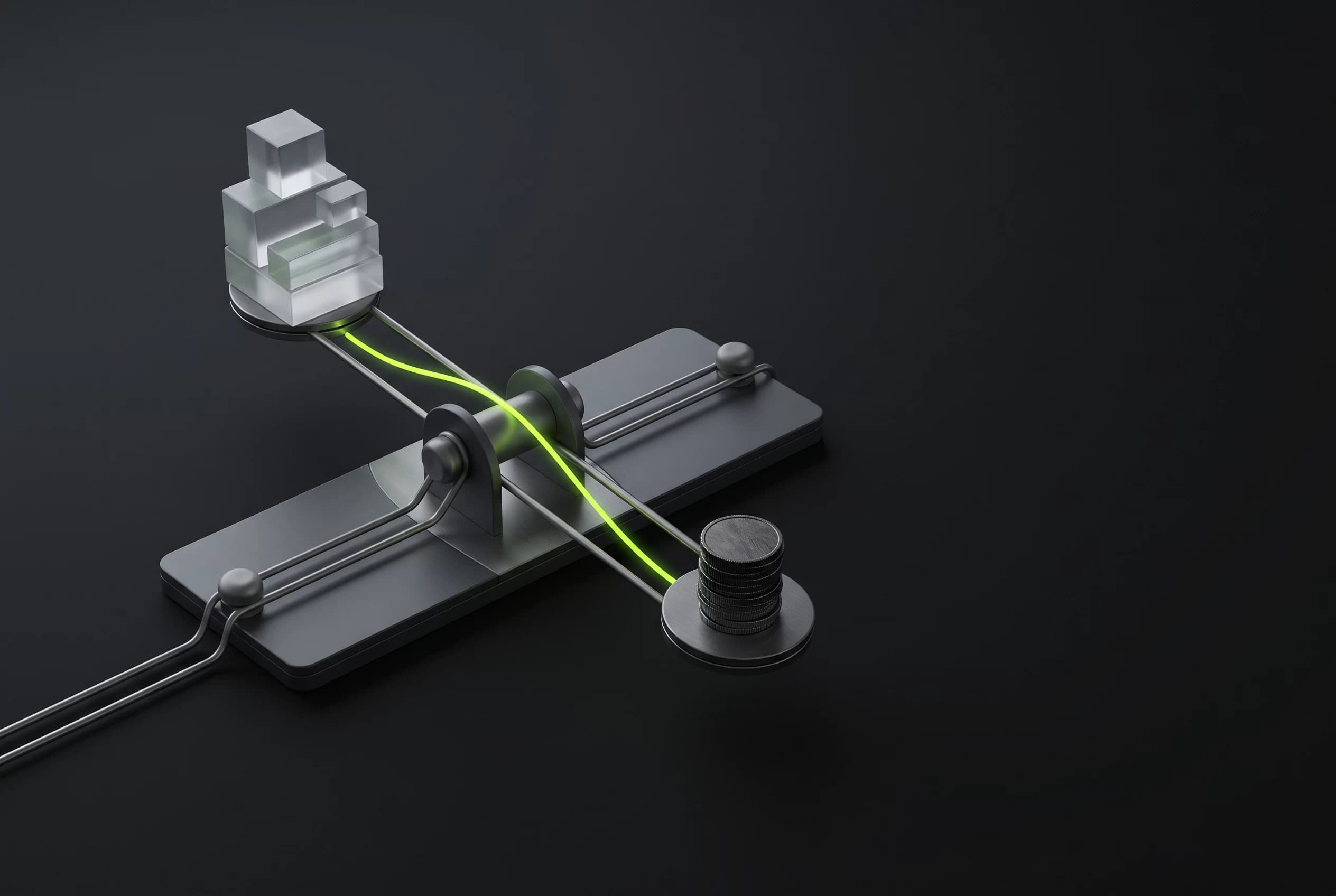 3D illustration of a balance scale weighing time blocks against coins, representing the cost of repeated manual work