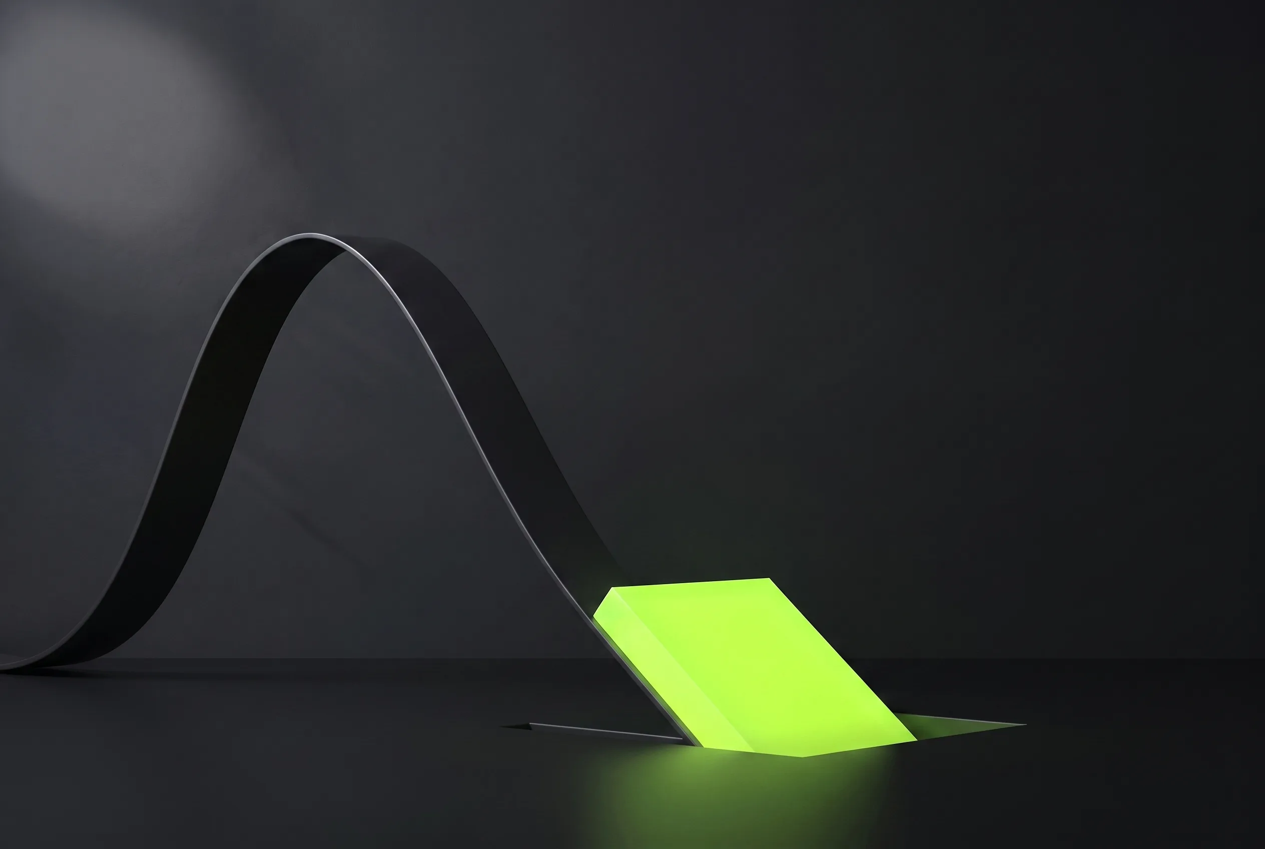 3D illustration of a curved black ribbon shaped like a sound wave sweeping down into a glowing slab seated in a slot in the floor, representing an incoming call becoming a booked appointment